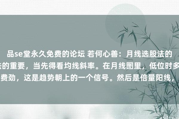 品se堂永久免费的论坛 若何心善:月线选股法的重要是什么? 月线选股法的重要,当先得看均线斜率。在月线图里,低位时多条均线斜率朝上很费劲,这是趋势朝上的一个信号。然后是倍量阳线,这代表主力作为。不外涨幅要小于60%,这...